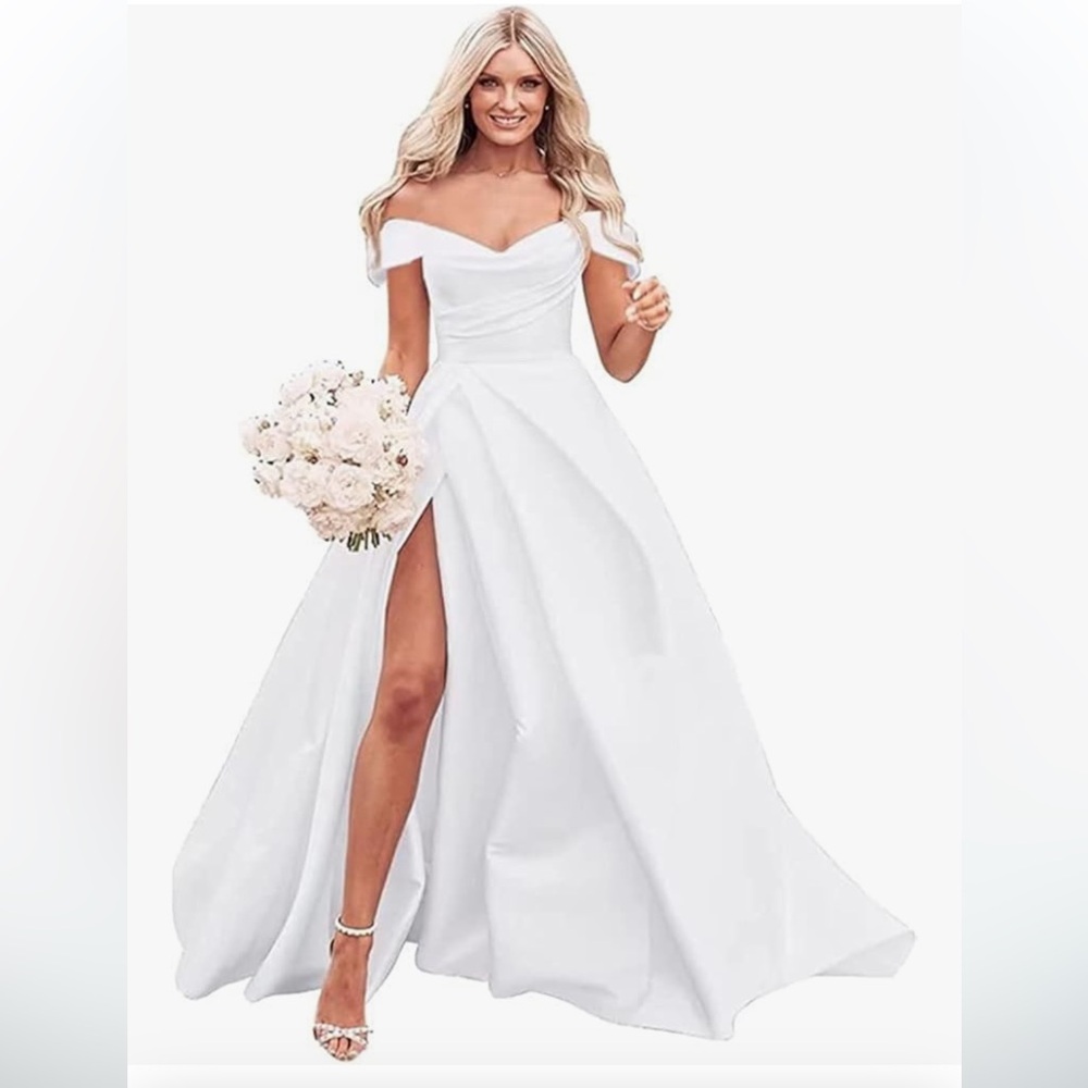 A Line over the shoulder slit wedding dress